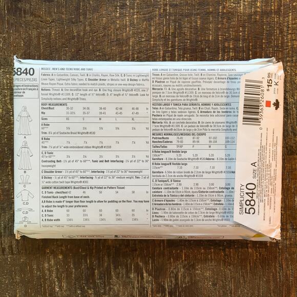 Simplicity Sewing Pattern 5840 Mens XS-XL Anakin Obi Wan Kenobi Amidala UNCUT - Picture 2 of 2